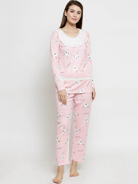 

Claura Women Pink & White Printed Night suit
