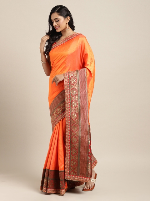 

Mitera Orange Solid Poly Silk Saree