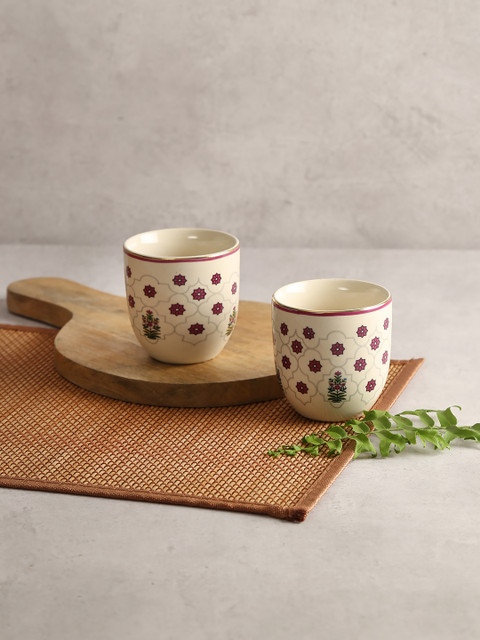 

India Circus by Krsnaa Mehta Cream-Coloured & Pink 2-Pieces Printed Ceramic Kulladhs Set