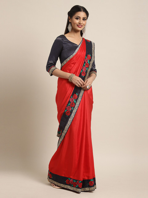 

Mitera Red Embroidered Poly Silk Saree