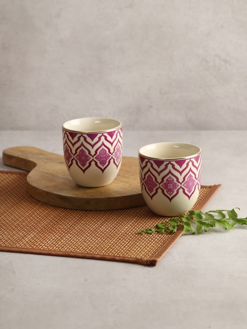 

India Circus by Krsnaa Mehta Cream-Coloured & Pink 2-Pieces Printed Ceramic Kulladhs Set