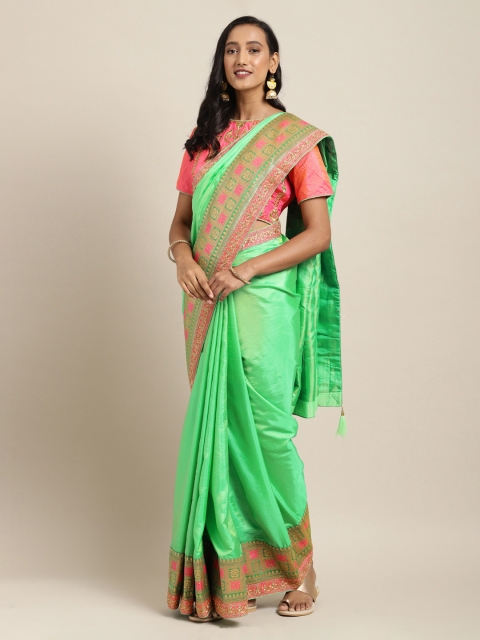 

Mitera Green Solid Poly Silk Saree