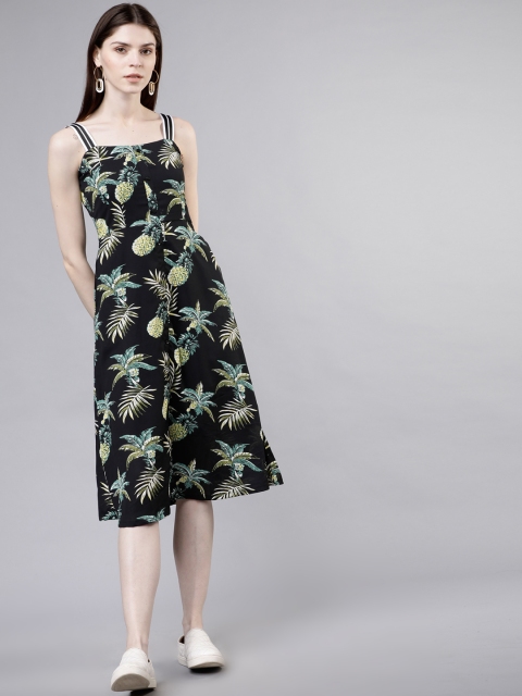 

Tokyo Talkies Women Black & Green Tropical Printed Fit and Flare Dress