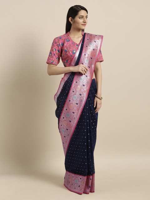 

Mitera Navy Blue & Pink Silk Blend Woven Design Banarasi Saree