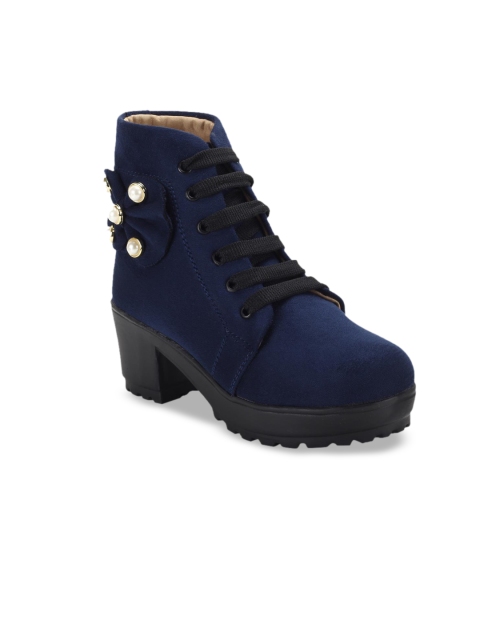 

ZAPATOZ Women Blue Solid Embellished Suede Heeled Boots