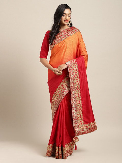 

Mitera Orange & Red Poly Silk Embroidered Saree