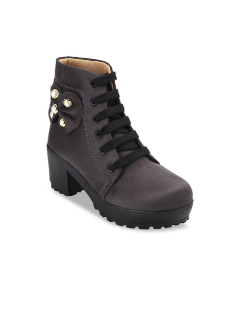 

ZAPATOZ Women Grey Solid Embellished Suede Heeled Boots