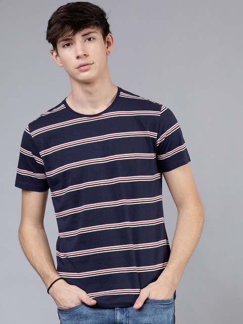 

LOCOMOTIVE Men Navy Blue Striped Round Neck T-shirt