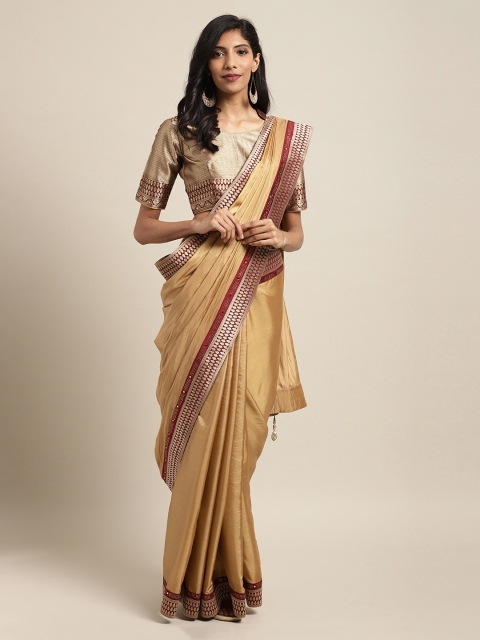 

Mitera Beige Solid Poly Silk Saree