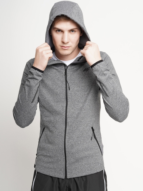 

4F Men Middle Grey Melange Solid Hooded Sweatshirt