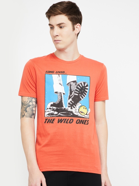 Smiley World Men Orange & Blue Printed Round Neck T-shirt
