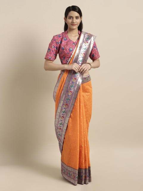 

Mitera Orange Silk Cotton Woven Design Paithani Saree