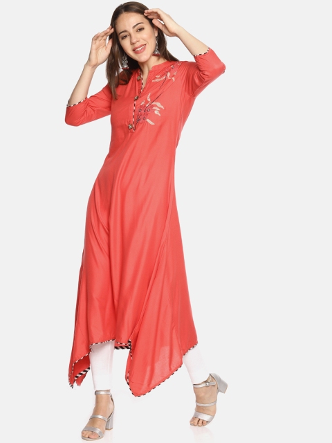 

Mytri Women Coral Pink Embroidered A-Line Kurta
