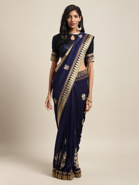 

Mitera Navy Blue Embroidered Poly Silk Saree
