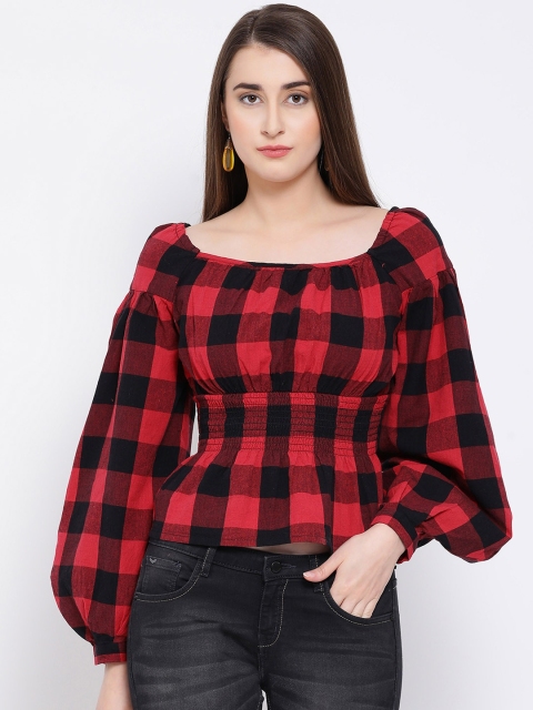 

Oxolloxo Women Red & Black Checked Cinched Waist Pure Cotton Top