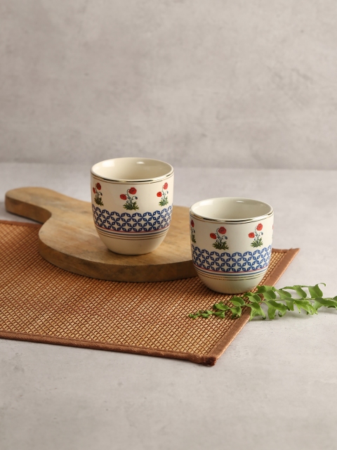 

India Circus by Krsnaa Mehta Cream-Coloured & Blue 2-Pieces Printed Ceramic Kulladhs Set