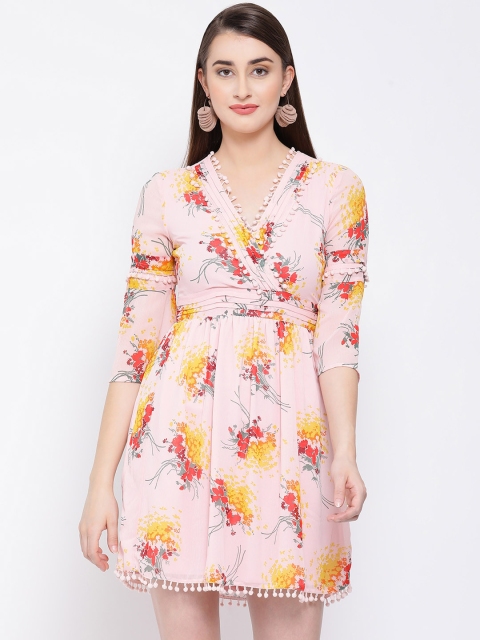 

Oxolloxo Women Pink & Mustard Yellow Floral Printed Fit and Flare Dress