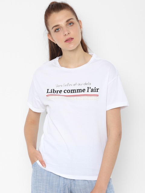 

People Women White Printed Round Neck Pure Cotton T-shirt