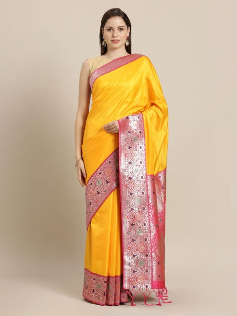

Mitera Yellow & Pink Silk Blend Woven Design Banarasi Saree