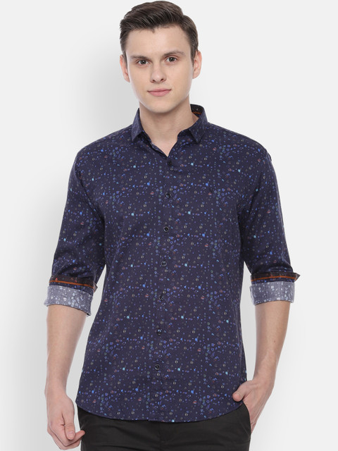 

V Dot Men Navy Blue Slim Fit Printed Casual Shirt