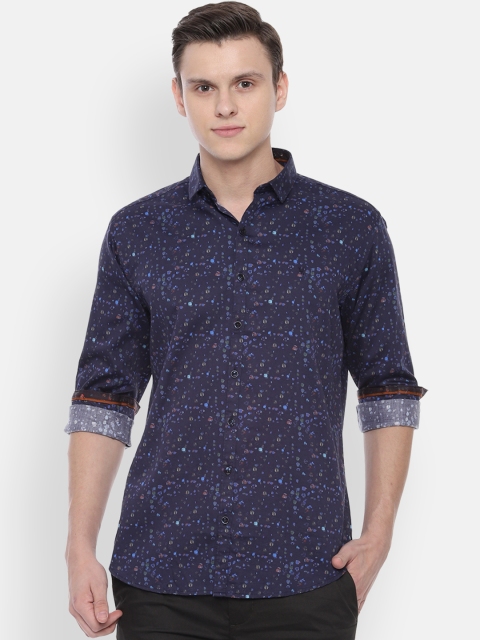 

V Dot Men Navy Blue Slim Fit Printed Casual Shirt