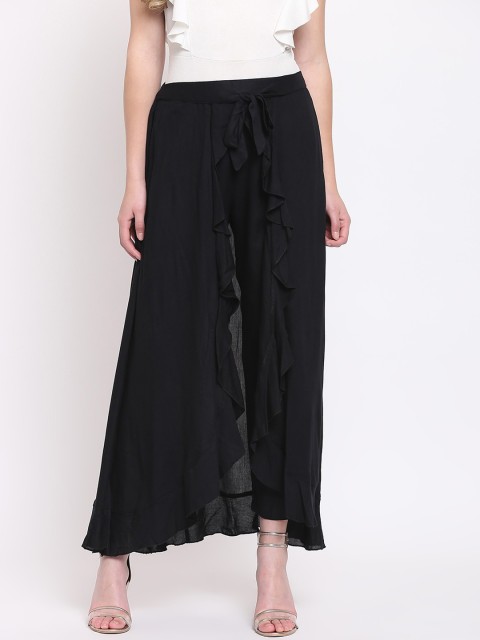 

RIVI Women Black Solid Flared Ruffled Palazzos