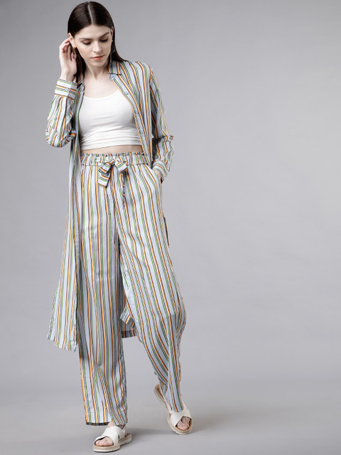 

Tokyo Talkies Women Blue & Coral Striped Tunic with Trousers