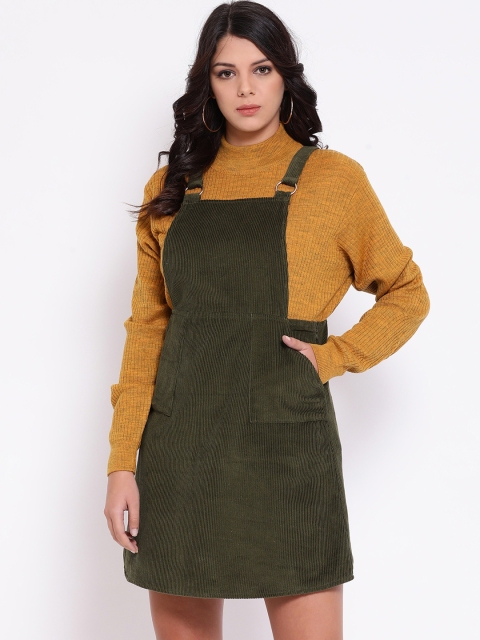 

Oxolloxo Women Solid Olive Green Pinafore Dress