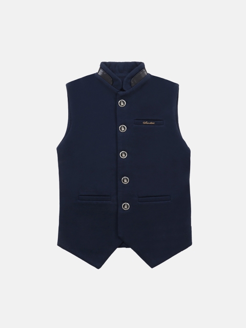 

Lil Tomatoes Boys Navy Blue Solid Woven Nehru Jacket