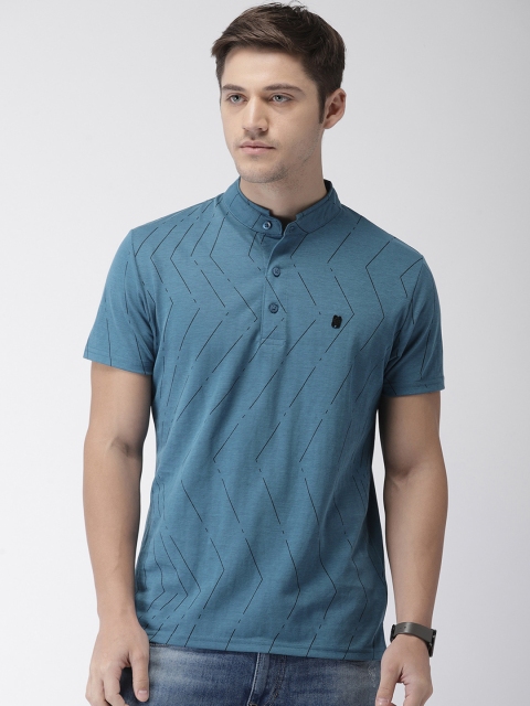 

The Indian Garage Co Men Teal Striped Mandarin Collar T-shirt