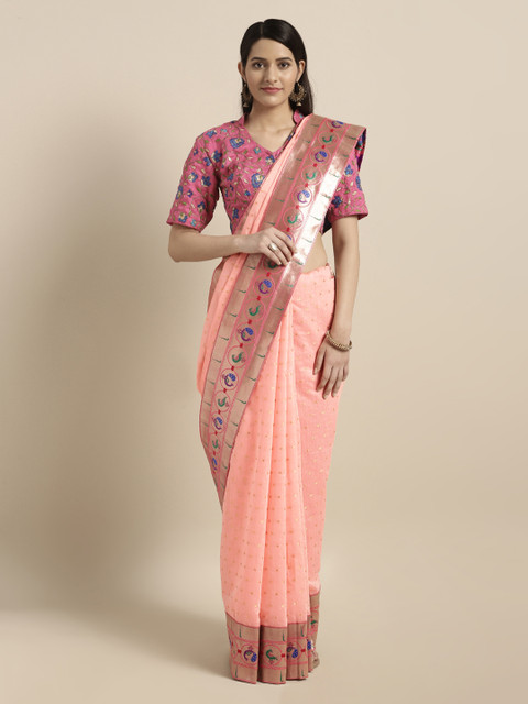 

Mitera Peach-Coloured Silk Cotton Woven Design Paithani Saree