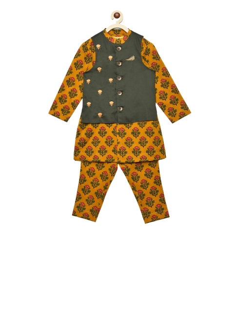 

Tiber Taber Boys Mustard Yellow & Green Printed Kurta with Pyjamas & Jacket