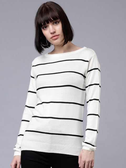 

Tokyo Talkies Women Off-White & Black Striped Sweater