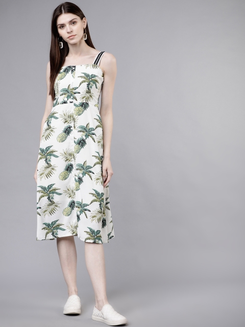 

Tokyo Talkies Women White & Green Printed Fit and Flare Dress