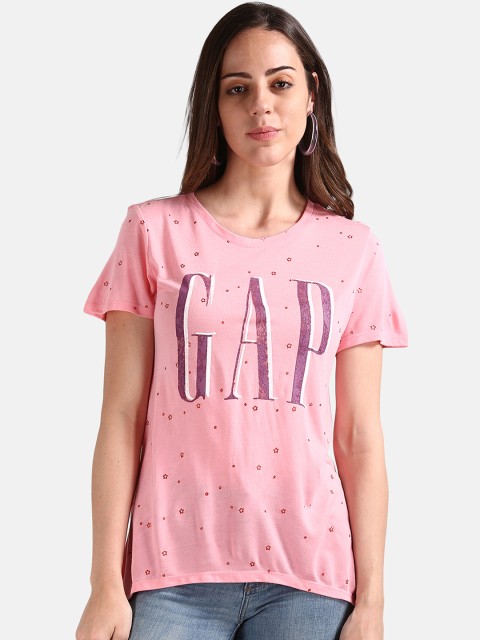 

GAP Women Pink Printed Short Sleeve Star Glitter Logo T-Shirt