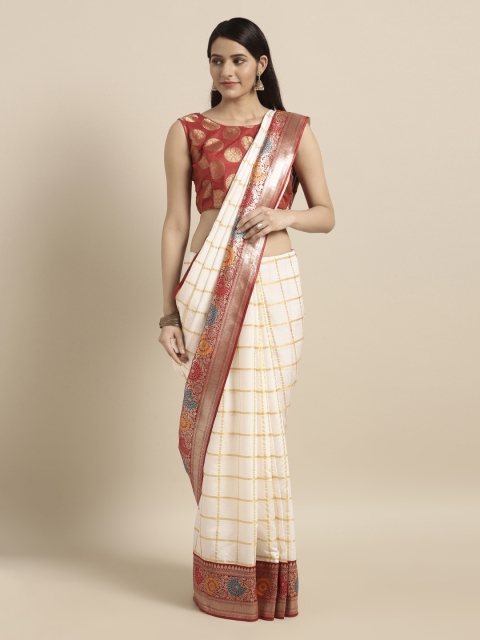 

Mitera Cream-Coloured & Red Silk Blend Woven Design Banarasi Saree