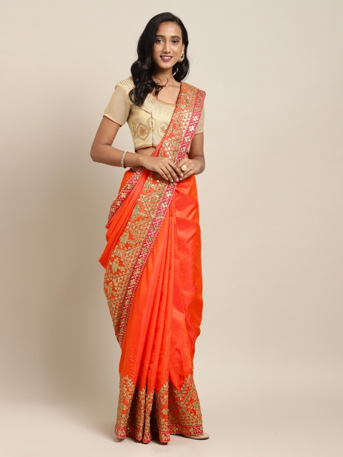 

Mitera Orange Embroidered Poly Silk Saree