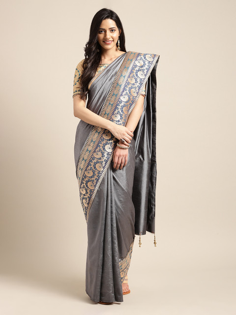

Mitera Grey & Gold-Toned Poly Silk Solid Saree