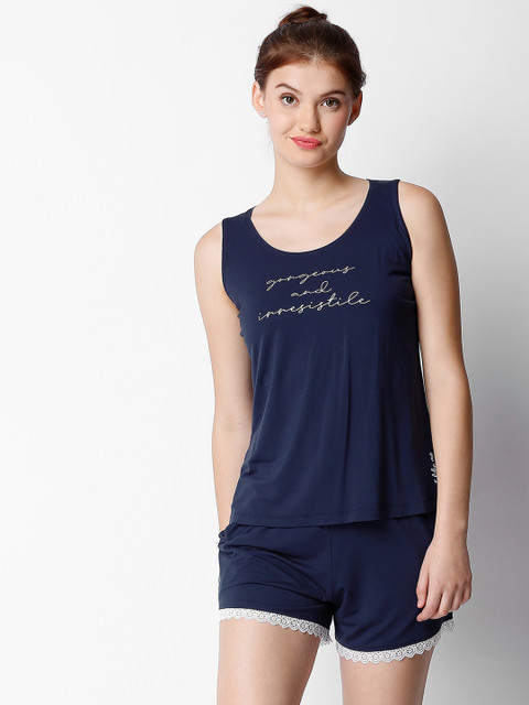 

I like me Women Navy Blue Solid Night suit