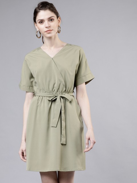 

Tokyo Talkies Women Olive Green Solid Wrap Dress