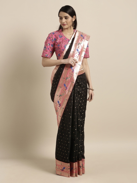 

Mitera Black & Pink Silk Cotton Woven Design Paithani Saree