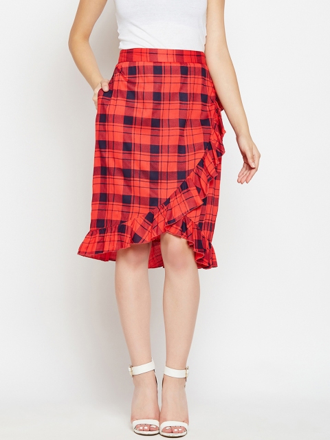 

Meee Women Orange & Black Checked A-Line Knee-Length Skirt