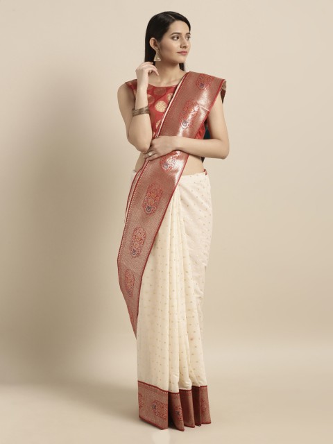 

Mitera Cream-Coloured & Red Silk Cotton Woven Design Banarasi Saree