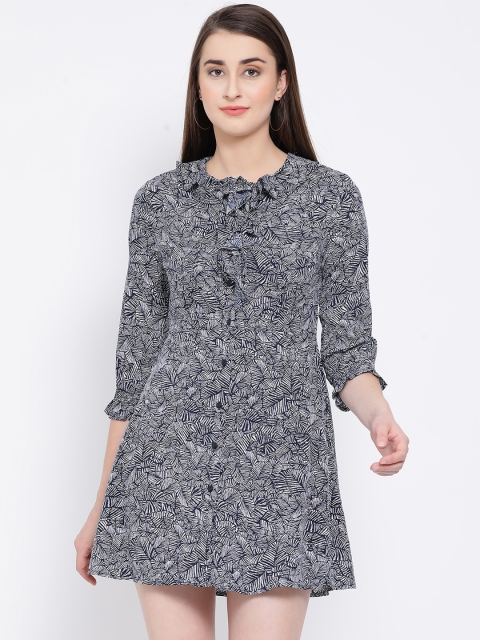 

Oxolloxo Women Navy Blue & White Printed Fit and Flare Dress