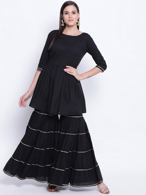 

FABNEST Women Black & Silver-Toned Striped Kurta with Sharara