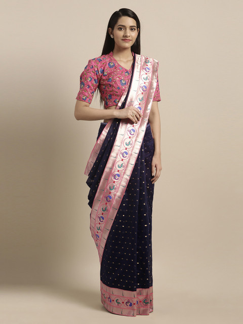 

Mitera Navy Blue Silk Cotton Woven Design Paithani Saree