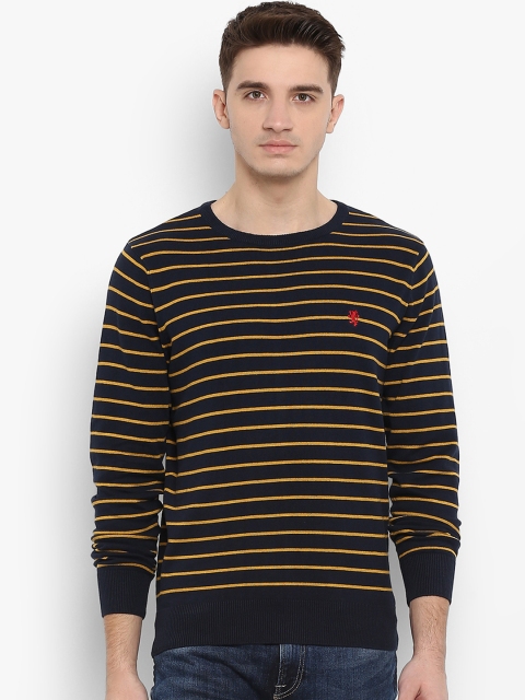 

Red Tape Men Navy Blue & Yellow Striped Sweater