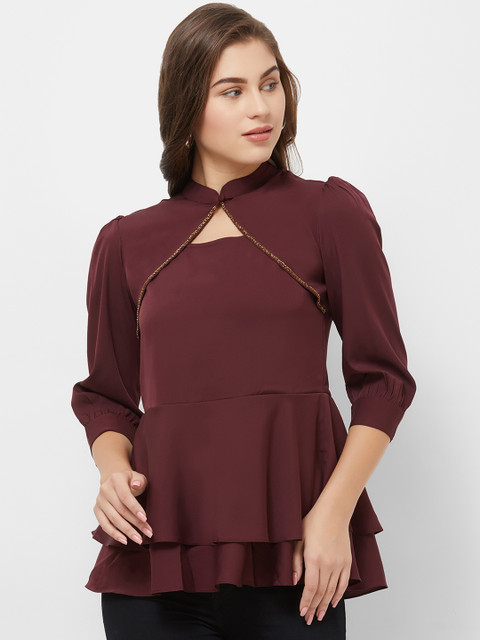 

Soie Women Maroon Embellished Peplum Top