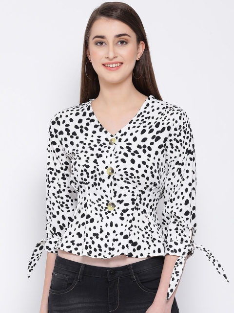 

Oxolloxo Women White Cheetah Print Cinched Waist Top