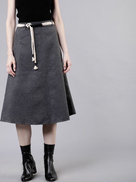 Women Charcoal Grey Flared Knee-Length Solid A-Line Skirt